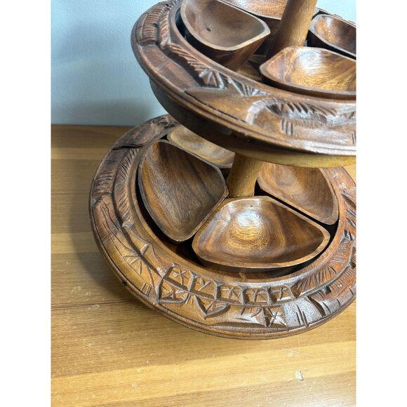 3 tired lazy Susan MCM mid century modern wooden hand carved money pod pineapple - Picture 7 of 9